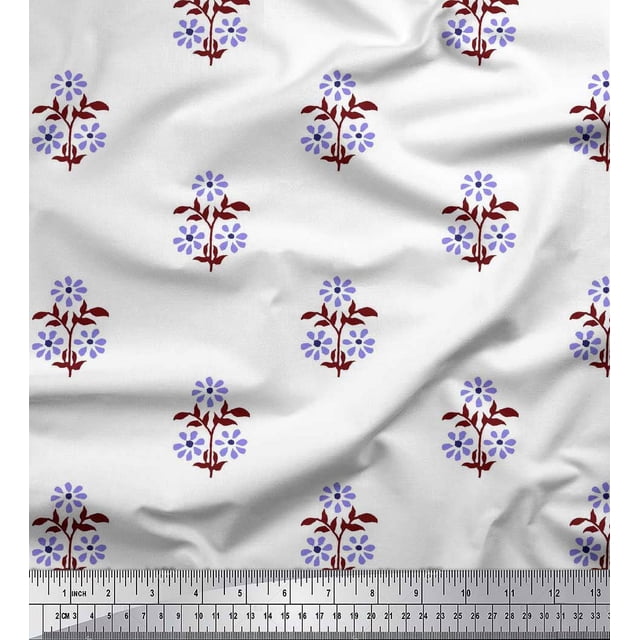 Soimoi Crepe Silk Fabric Leaves & Floral Block Print Fabric by The Yard 42 Inch Wide