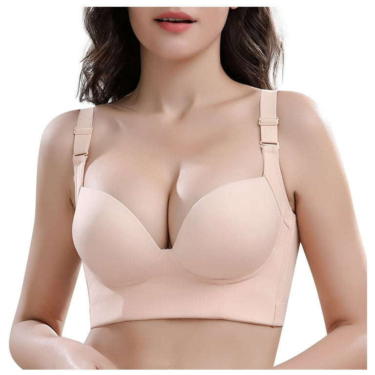 YDKZYMD Women's Push up Support Bra No Underwire Hide Back Fat Deep Cup  Padded T-Shirt Bra Sculpting Uplift Bras Complexion 34D 