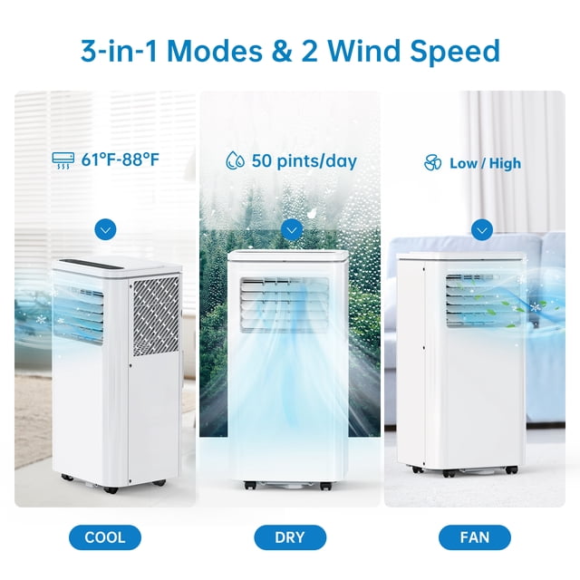 Fast Cooling & Quiet Operation Portable Air Conditioner 10000 BTU - 3-in-1 AC, Dehumidifier & Fan - 4-Way Swing, LED Display, Remote, 24h Timer, Window Kit - Cools up to 450 Sq.Ft - White