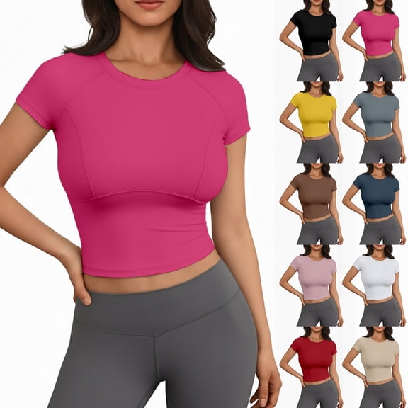 Tshirts for Women High Compression T Shirt Solid Color Short Sleeve Cropped Topstight Slim Athletic Training Tee Shirt
