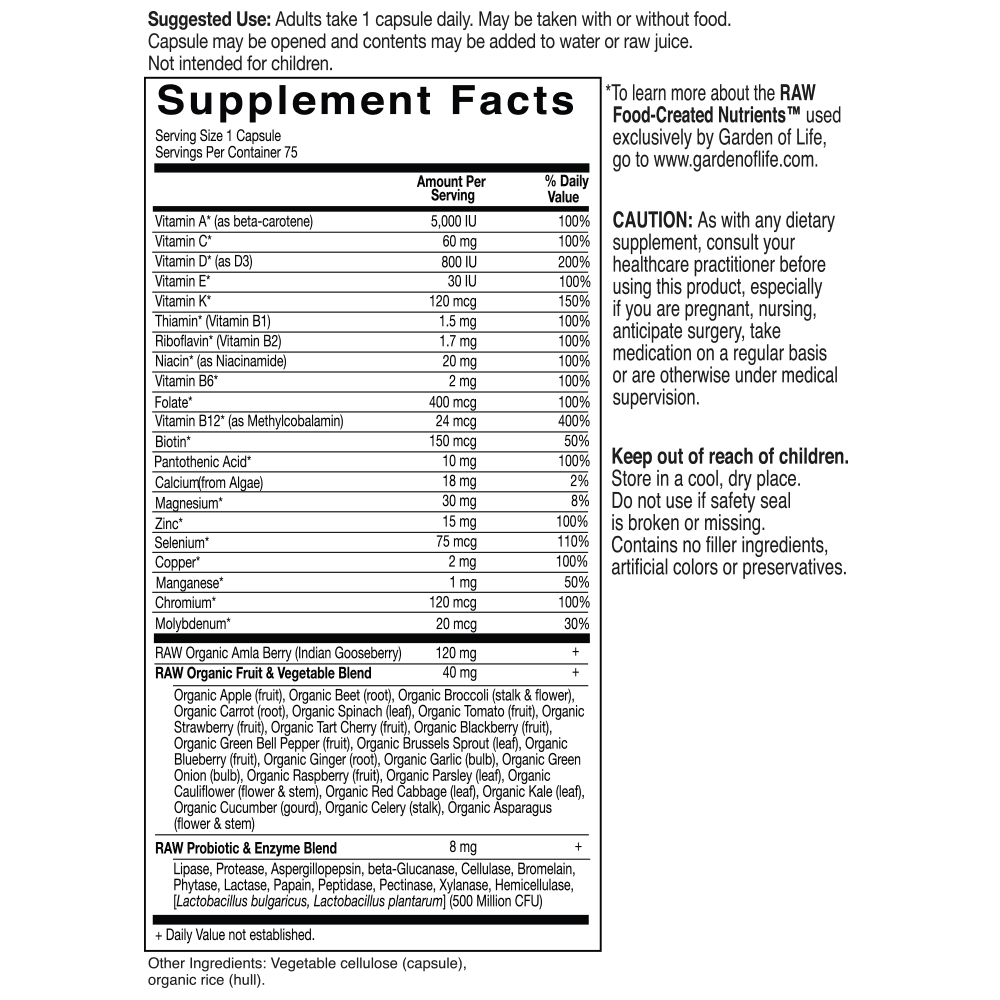 Garden of Life Vitamin Code Raw One for Men, 75 Vegetarian Capsules