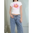 thumbnail image 4 of Prettady Women Short Sleeve Baby Tee Y2k Flower Graphic Printed Crop Top Slim Fit Crew Neck Tees Pink XL, 4 of 7