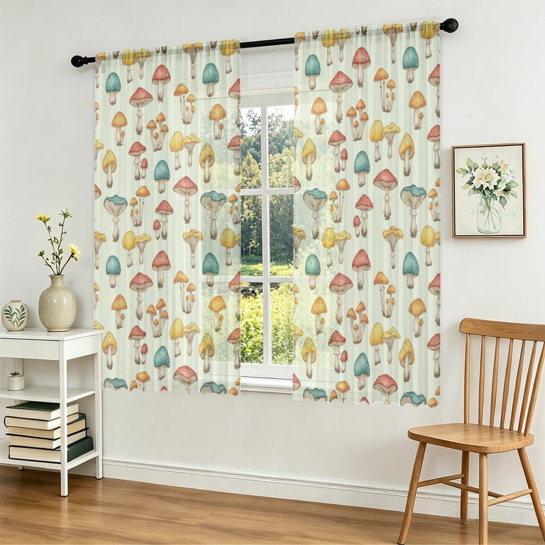 Mushroom and Toadstool Cream Pattern Sheer Curtains, Rod Pocket Sheer ...