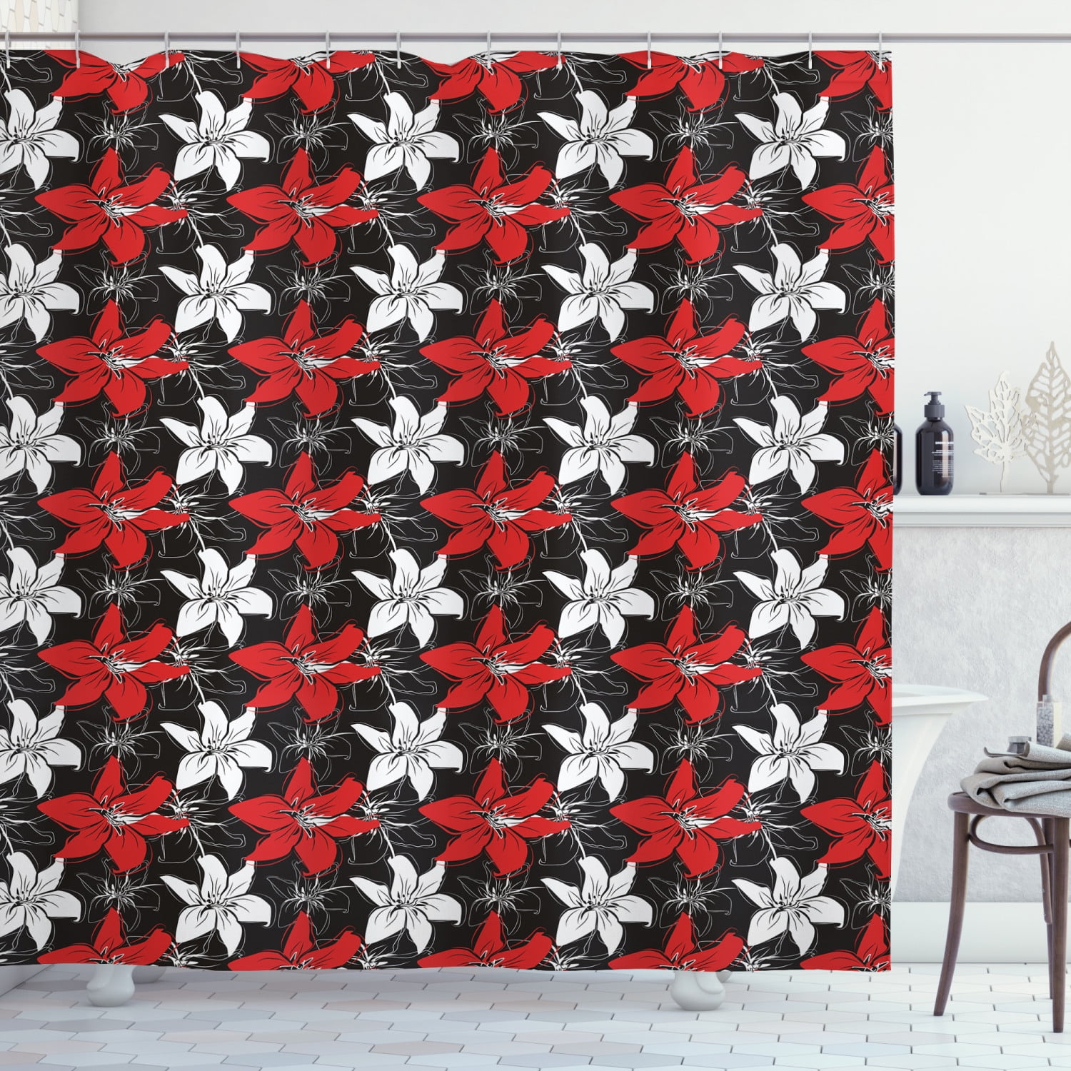 Red and Black Shower Curtain, Artistic Bedding Plants Flourishing