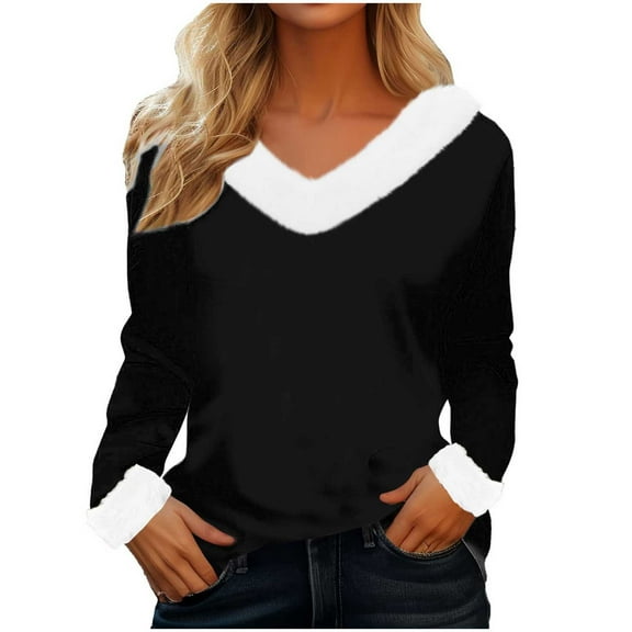 Womens Fleece V Neck Long Sleeve Shirts Casual Loose Pullover Tunic Tops Cute Holiday Fall Clothes
