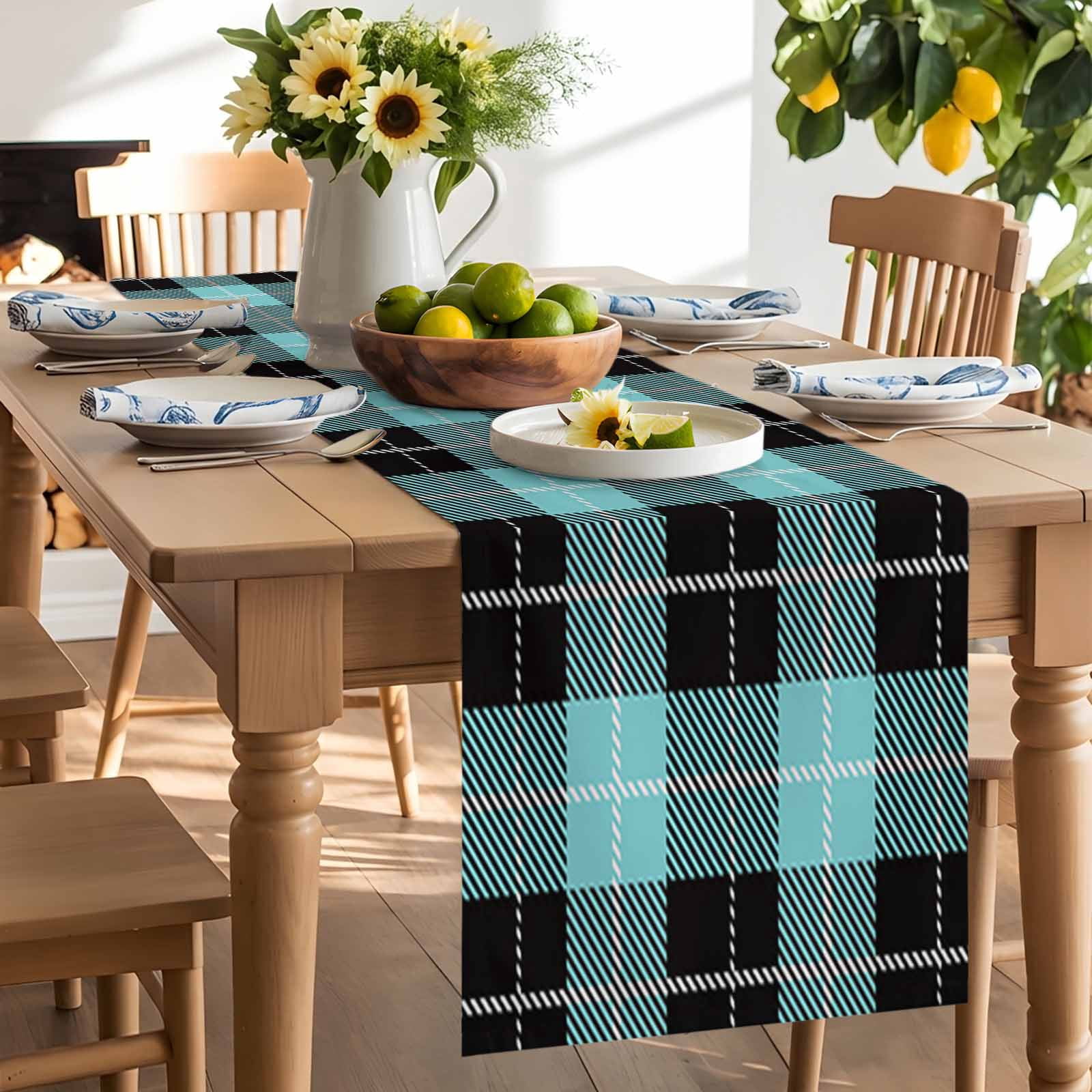 Tartan Plaid Buffalo Grid Pattern Table Runner 90 Inches Long, Teal and Black Table Runners Tabletop Scarf Kitchen Dining Tables Decoration for Home Party Indoor Outdoor