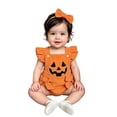 thumbnail image 4 of Byoo Newborn Girl's Halloween Bodysuit Corduroy Bow Accent Jack‑O‑Lantern Sleeveless Outfit Romper, Orange, 4 of 7