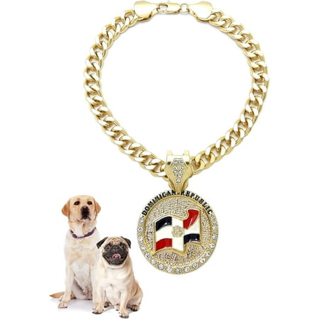 Icemond Rhinestone Studded Dominican Republic Flag Pendant 18 /26  Cuban Chain Fashion Costume Jewelry Necklace for Dogs in Gold or Rhodium Tone