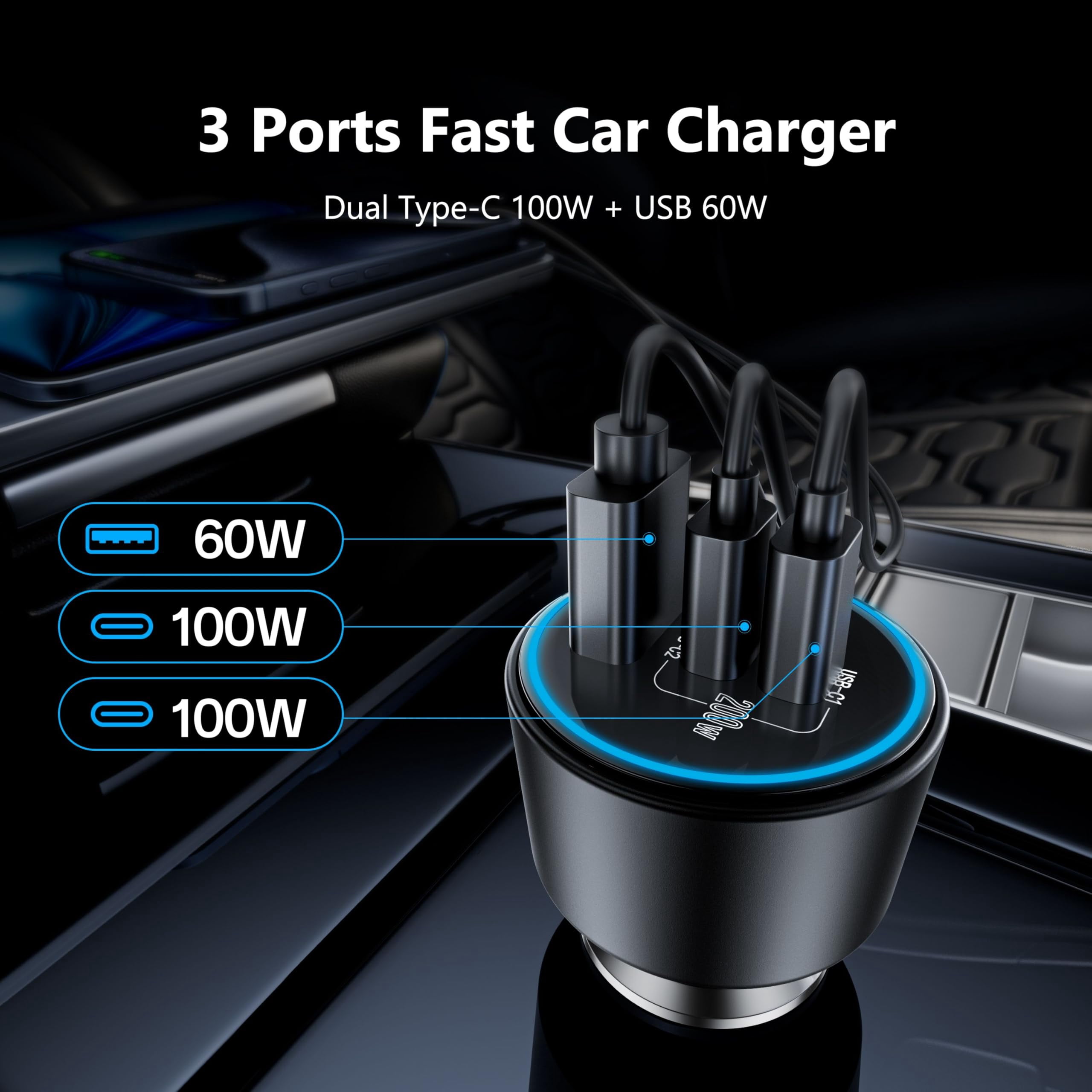 LujingZ USB C Car Charger Fast Charging 200W Dual PD 100W Type C Car Charger PD3.0 QC4.0 PPS Cigarette Lighter Adapter Compatible with iPhone 16 15 14 13 12 Galaxy S22 S21 Ultra MacBook Laptop