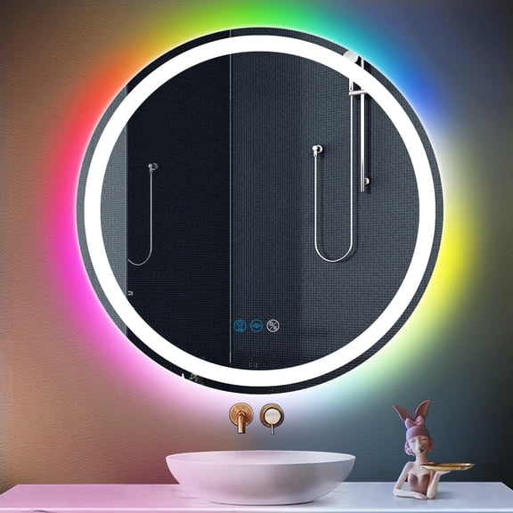 Round 24" Led Bathroom Mirror with Lights Dimmable AntiFog 3Color Front Light   RGB Rainbow Color Changing Backlit Round Lighted Vanity Mirror for Bathroom Wall Makeup Light up Circle Mirror