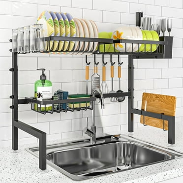 Over The Sink Dish Drying Rack,25.9"-33.4" Large Stainless Steel Dish Drying Rack Drainer, Expandable Height & Length 2 Tier Dishes Racks for Kitchen Counter Organizer