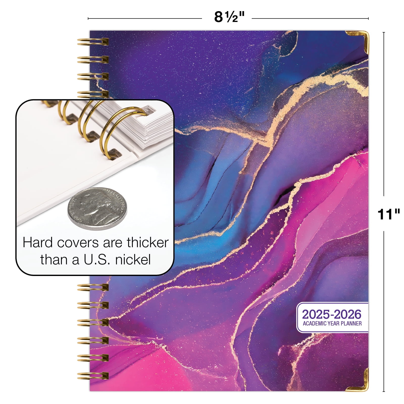 Academic Year 2025-2026 Planner, June 2025 - July 2026, 8.5"x11" Daily Weekly Monthly Planner Yearly Agenda, Hardcover, Bookmark, Pocket Folder and Sticky Note Set (Pink Purple Marble)