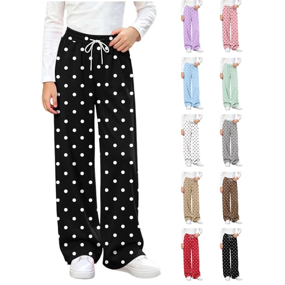 Wide Leg Sweatpants Women Zaewscy Girls' Polka Dot Drawstring Elastic Waist Wide Leg Casual Sweatpants Black 12-13 Years