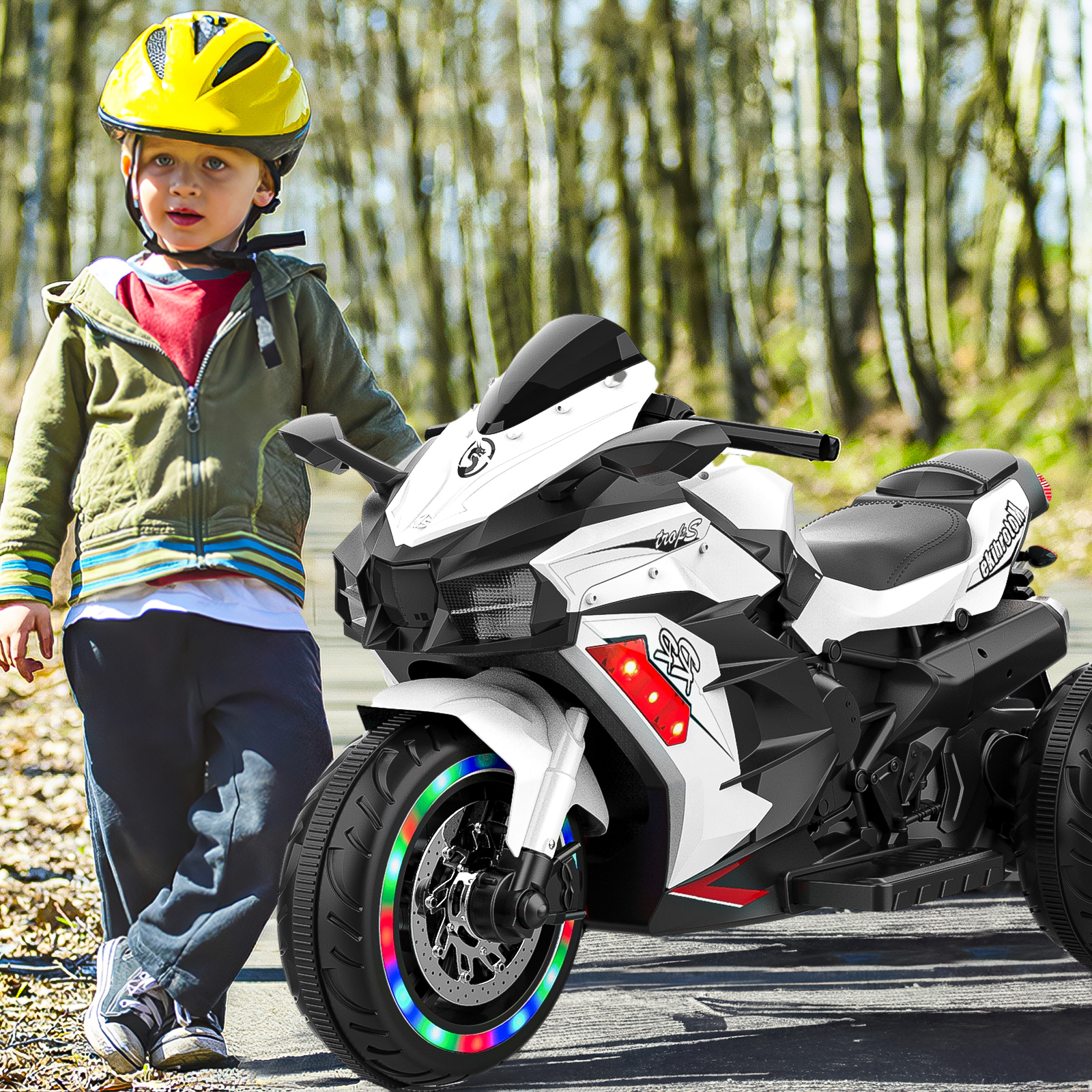 Techvida 12V Kids Electric Motorcycle, Battery Powered Kids Motor Bike 3 Wheels Kids Electric Car for Kids with LED Headlights, White