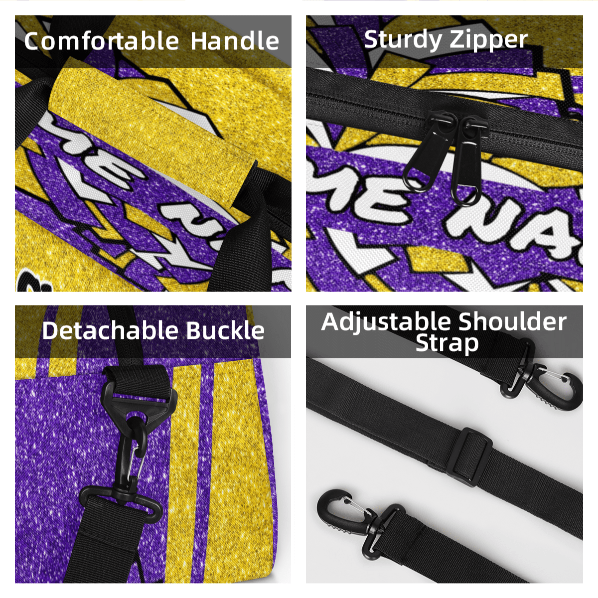 Personalized Cheerleader Bag Dance Bag for Girls, Custom Team Bag Gym Bag Sport Duffel Bag, Weekender Bags Travel Bag for Cheer Team Glitter Gold Purple
