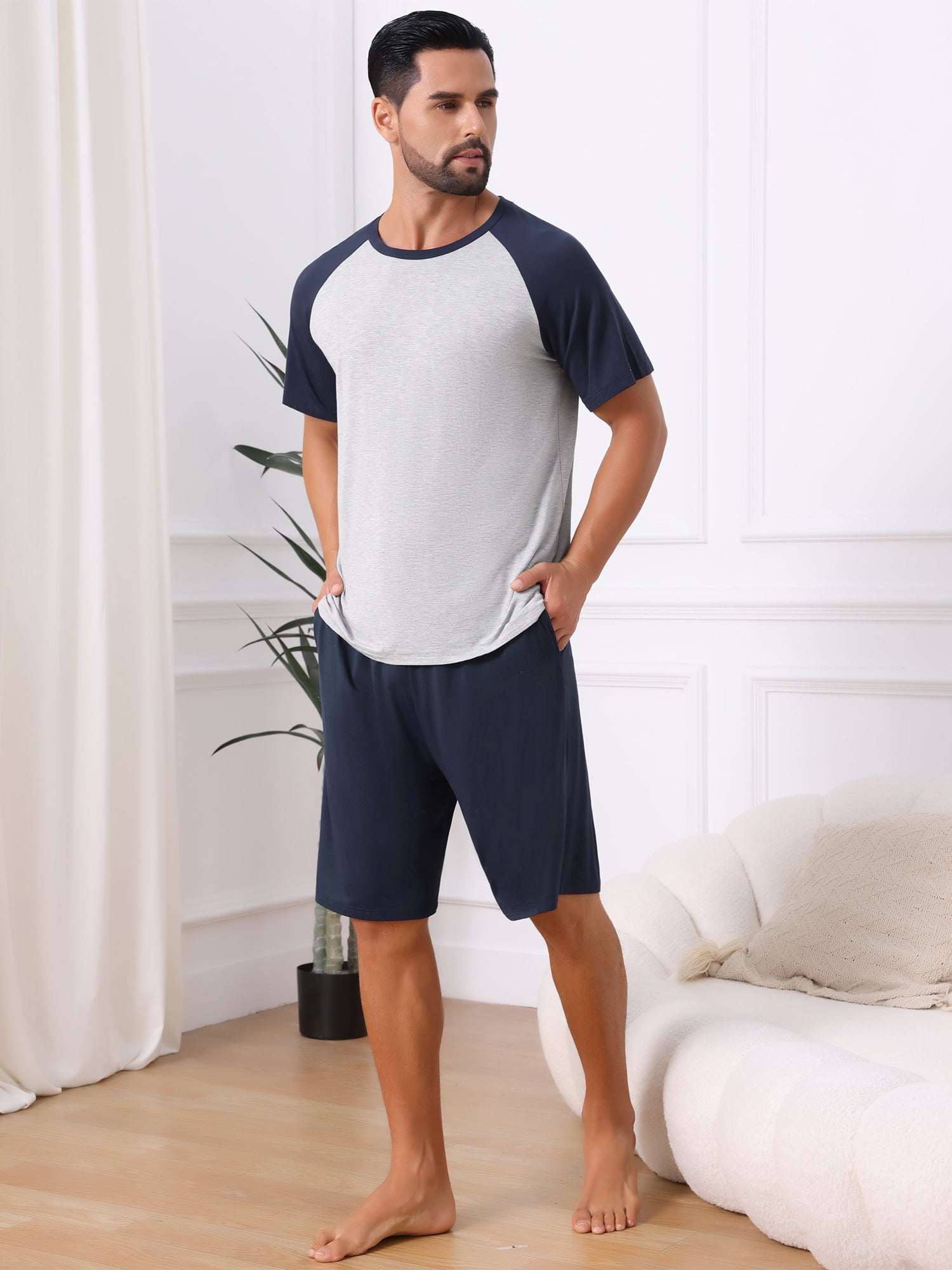 DARING DIVA Men's Sleepwear Pajama Raglan Crew Neck Drawstring Pajama Set M Navy Gray