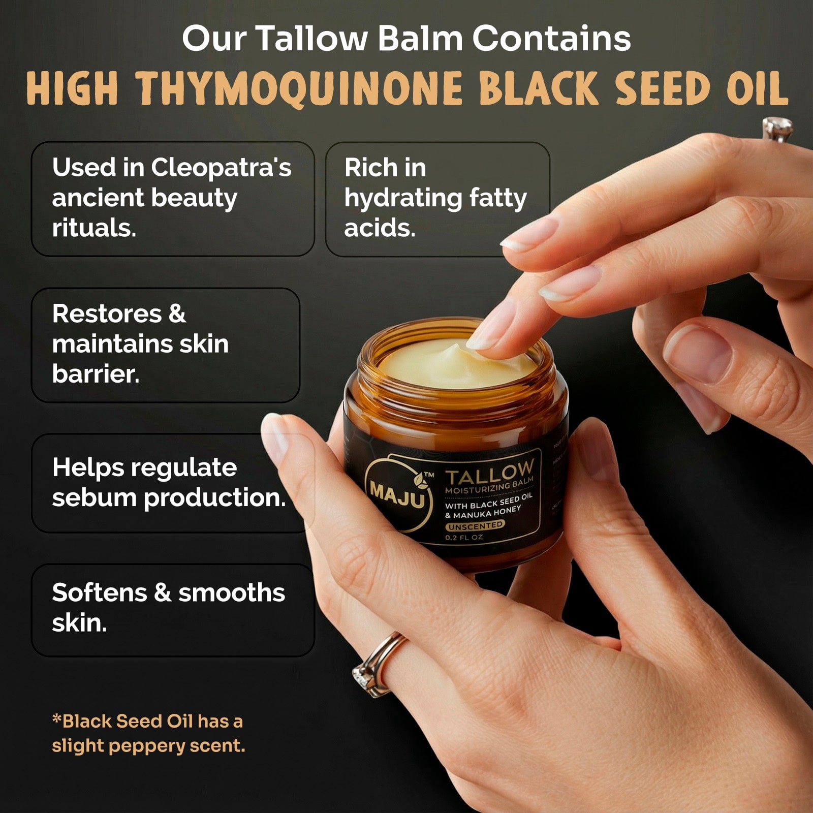 MAJU's Black Seed Manuka Tallow, 2 Fl Oz, Unscented, Grass Fed Beef Tallow Balm, Deeply Hydrating for All Day Skin Nourishment