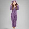 thumbnail image 3 of Girls Fuzzy Pajamas Onsie Bear Ear Hooded Jumpsuits Faux Fleece Front Zip Romper Playsuit Winter Sleep Homewear (9 Years, Purple), 3 of 5