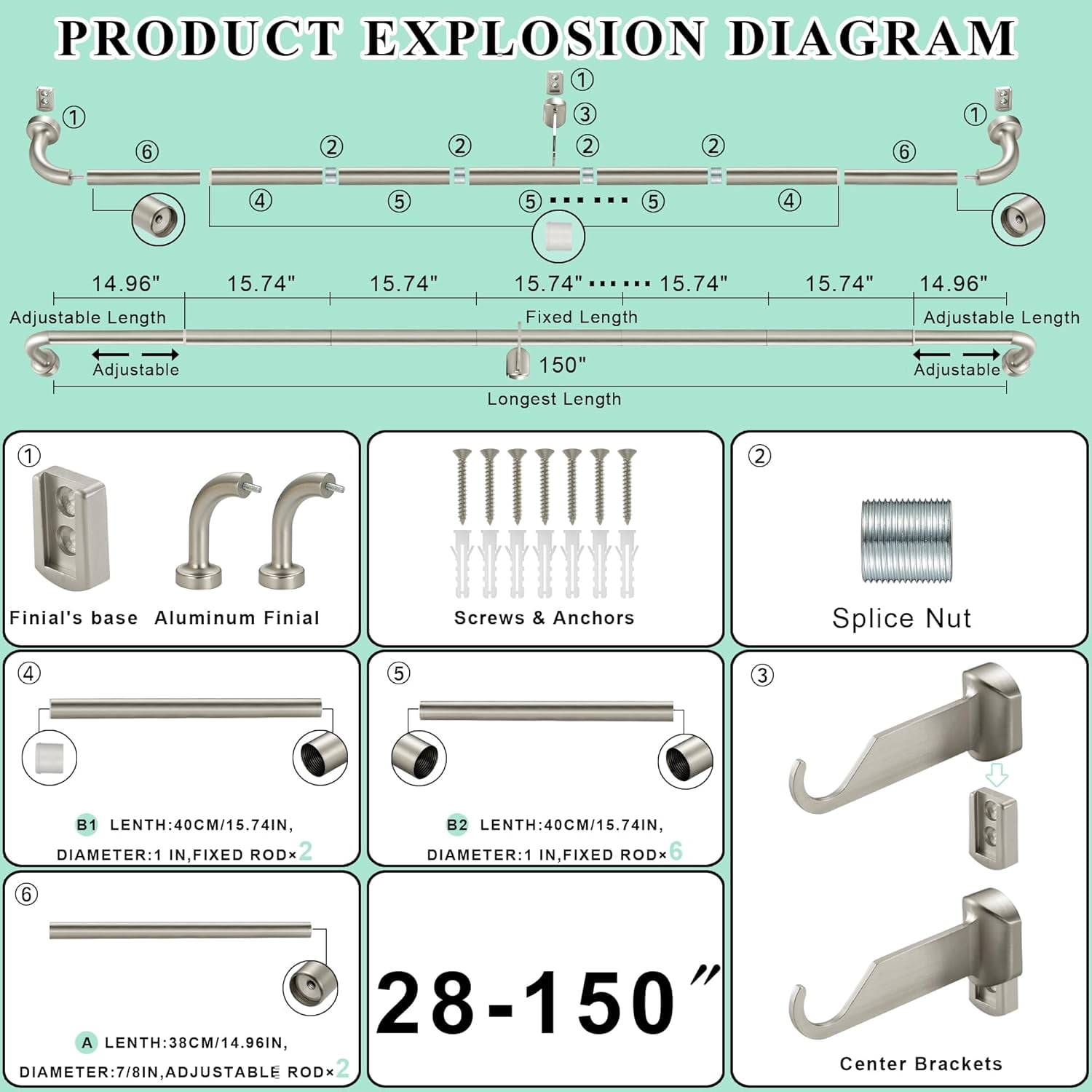 Warm Gold Curtain Rod for Windows 28 to 120 Inch, Internal Splicing 1 Inch Diameter Disc, Adjustable Room Darkening Curtain Rod with Aluminum Finials and Brackets, Wrap Around Design