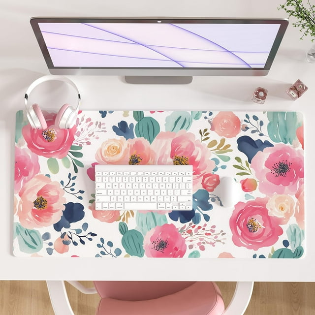 Alfombrilla de escritorio con forma de estrella colorida, rosa y floral, piel sintética impermeable