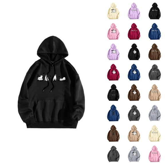 Black Cat Ghost Halloween Hoodies for Women 2025 Cute Cat Ghost Graphic Hoodie Sweatshirt Pullover Tops