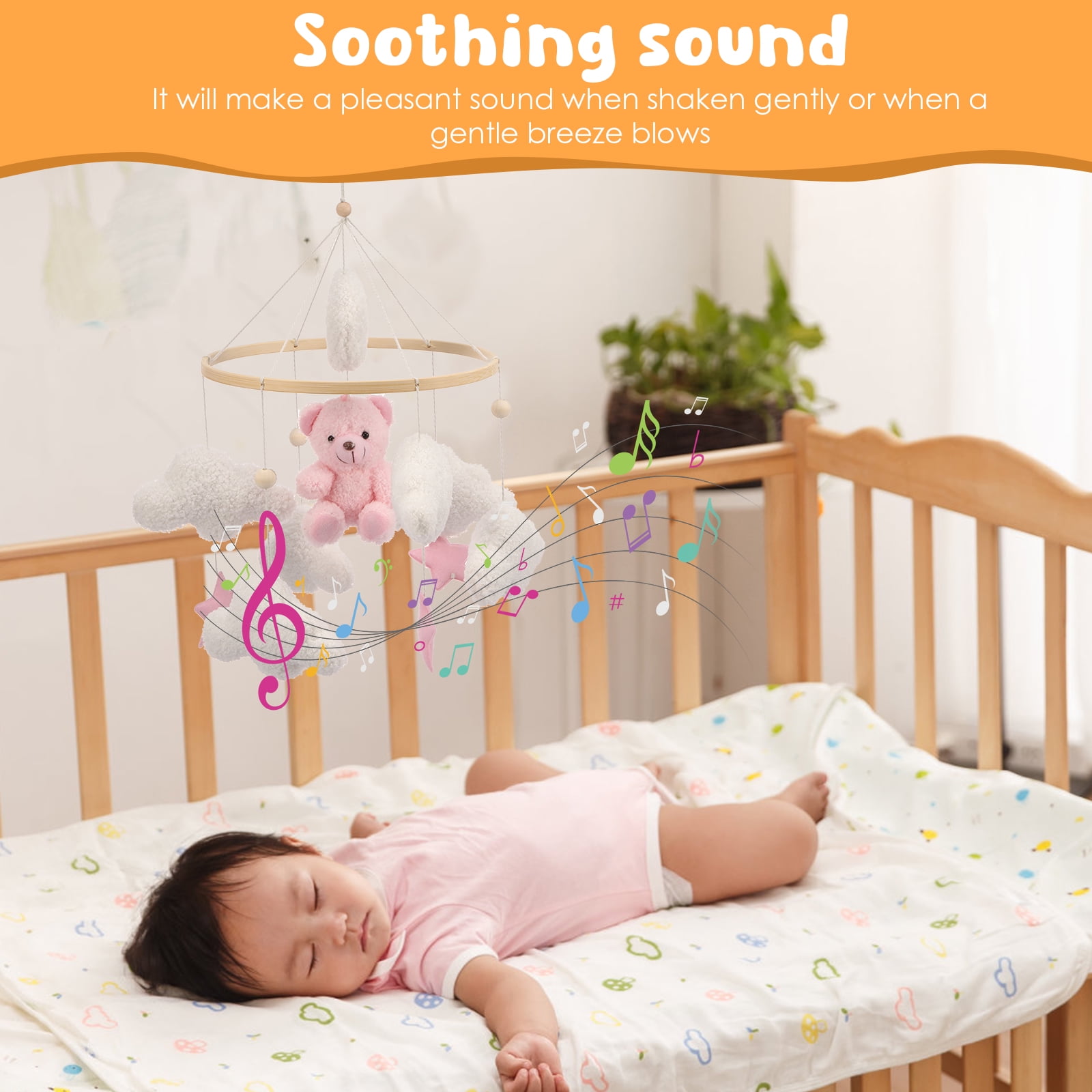 Baby Crib Mobile Soft Plush and Wood Nursery Mobile Cute Baby Bed Bell Charming Nursery Decor for Infant Newborn Boy Girl