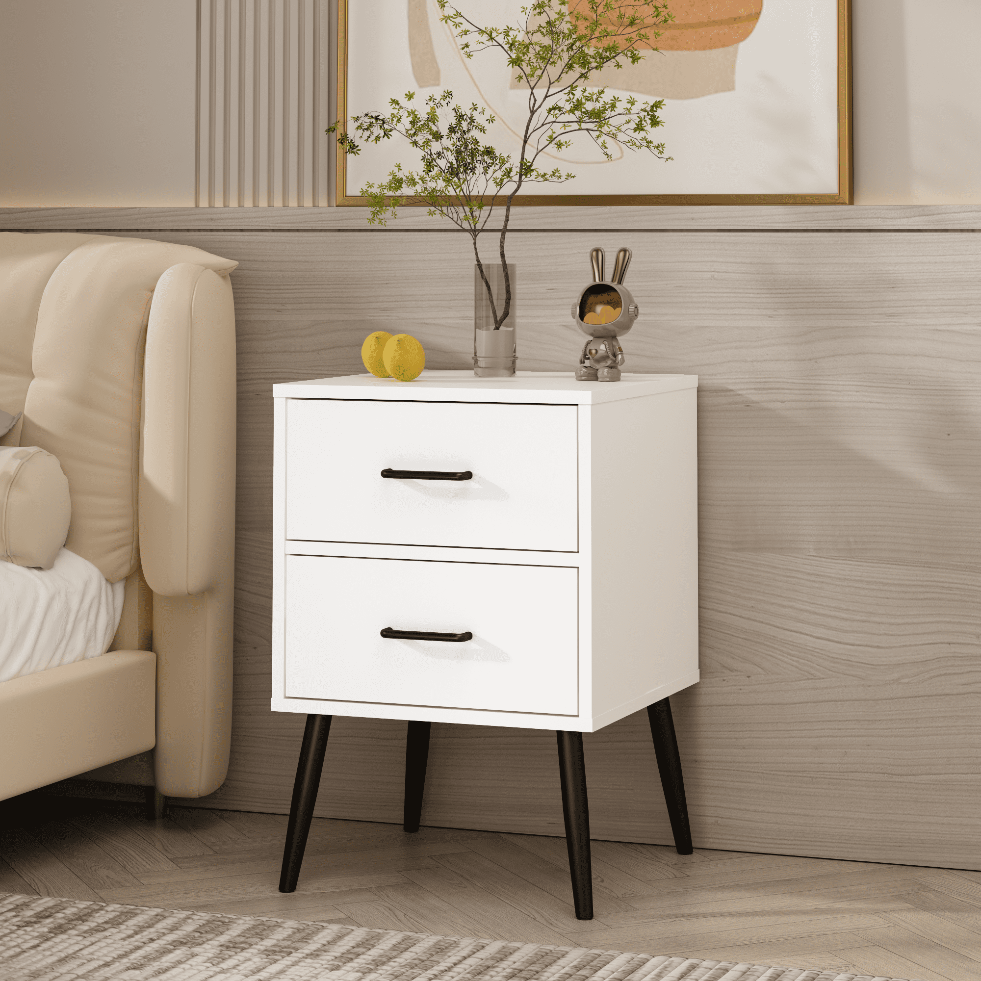 White MDF Nightstand with Metal Legs 2 Drawers Modern Bedside End Table Living Room Storage