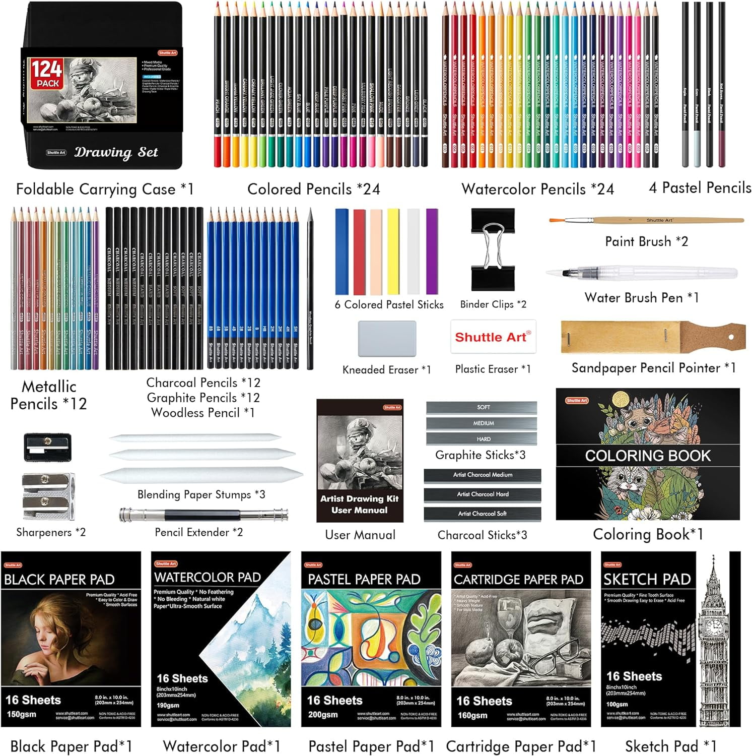 Shuttle Art 124 PCS Drawing Kit, Professional Drawing Supplies with Sketch, Charcoal, Colored, Graphite, Pastel Pencils & Sticks, Complete Drawing Tools and Paper Pads in Zipper Case