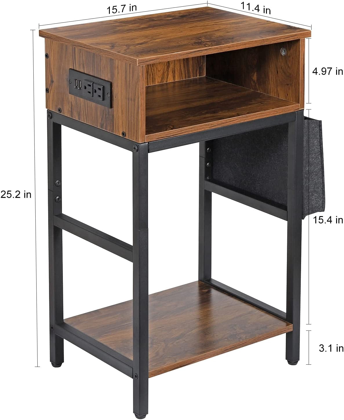 Oumilen Western Home 25.2" End Table with Charging Station, Rustic Walnut Wood