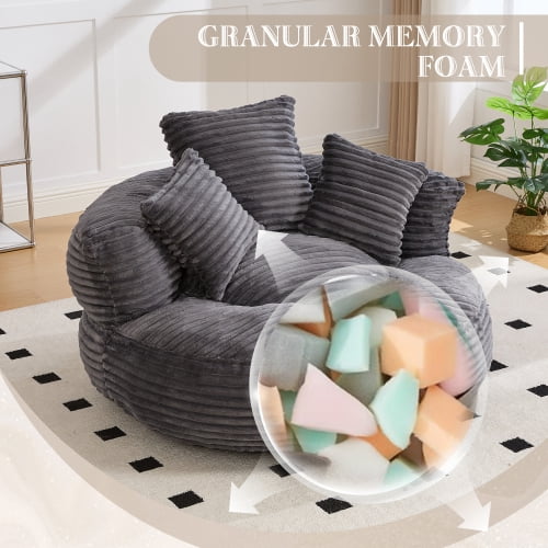 Oversized Bean Bag Chair with Armrest & 3 Pillows, Corduroy Bean Bag Sofa for Adults, High-Density Memory Foam Filling, Lazy Lounger for Bedroom, Living Room, Dorm, Dark Gray