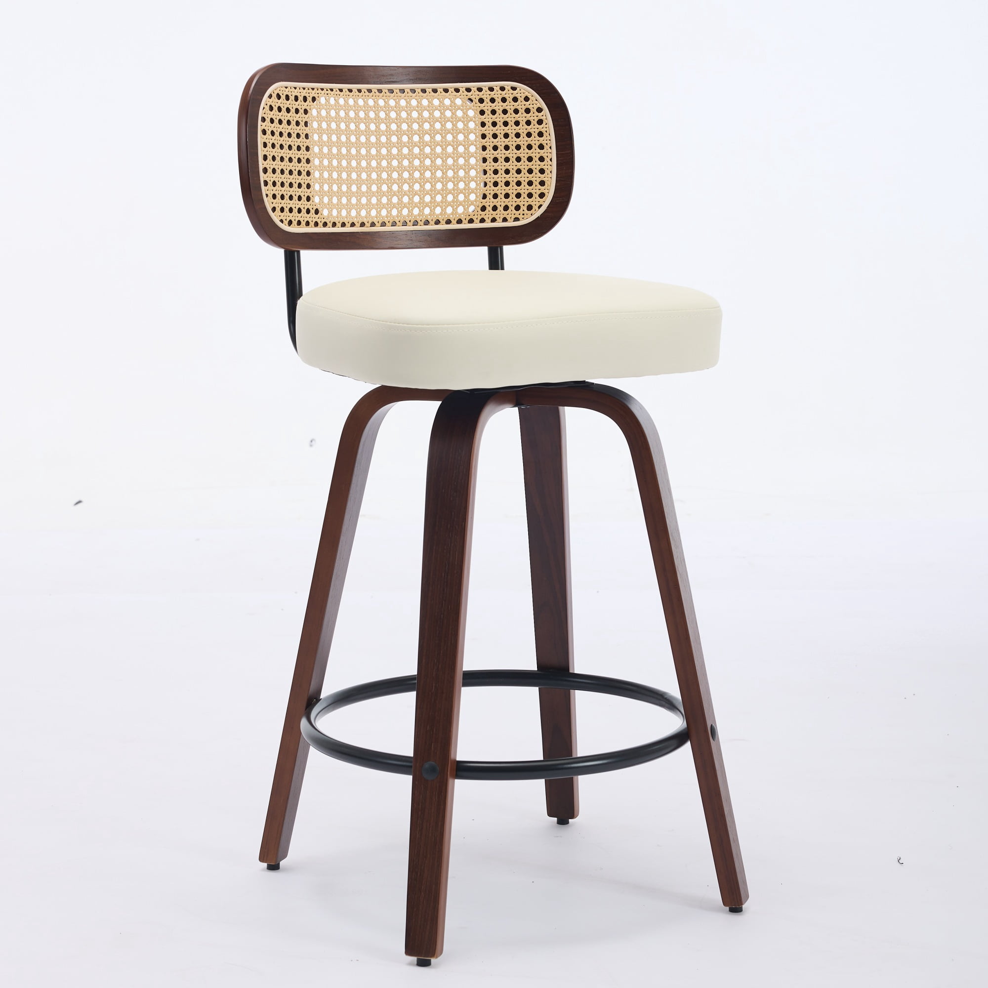 Oufan Swivel Bar Stools Set of 3, Wooden Counter Height Bar Chairs w/ Upholstered Seat & Rattan Backrest, Farmhouse Barstool for Kitchen Island,Cafe
