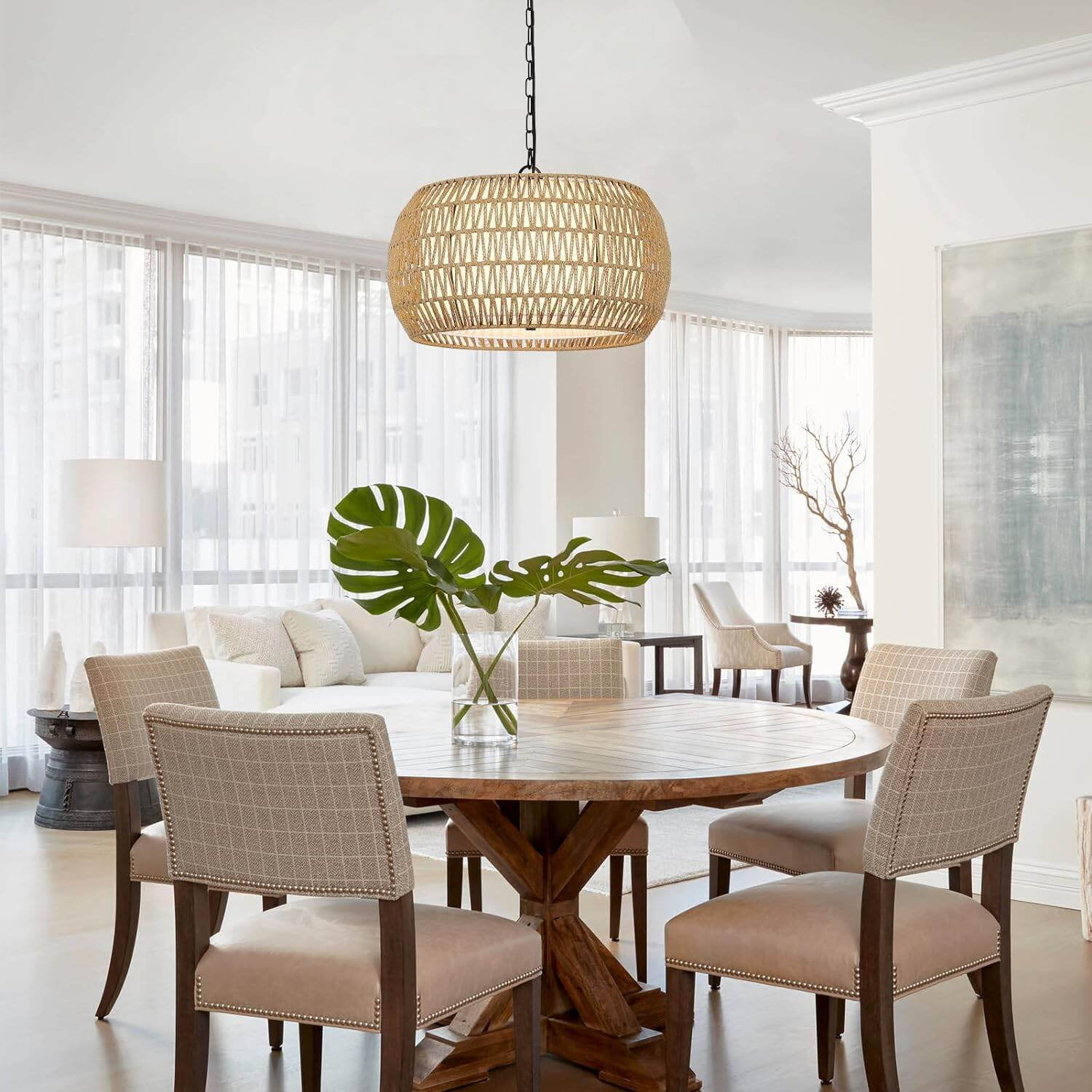 18.9" Rattan Farmhouse Chandelier - 5-Light Boho Pendant Light with Adjustable Height (18.9"W x 9.8"H)