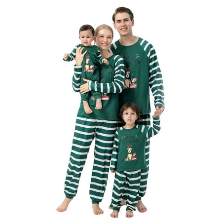 

Qiylii Christmas Family Matching Pajamas Set Animal Print Tops+Striped Pant/Romper Green