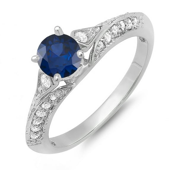 Dazzlingrock Collection 14K Round Blue Sapphire & White Diamond Ladies Bridal Engagement Ring, White Gold, Size 8