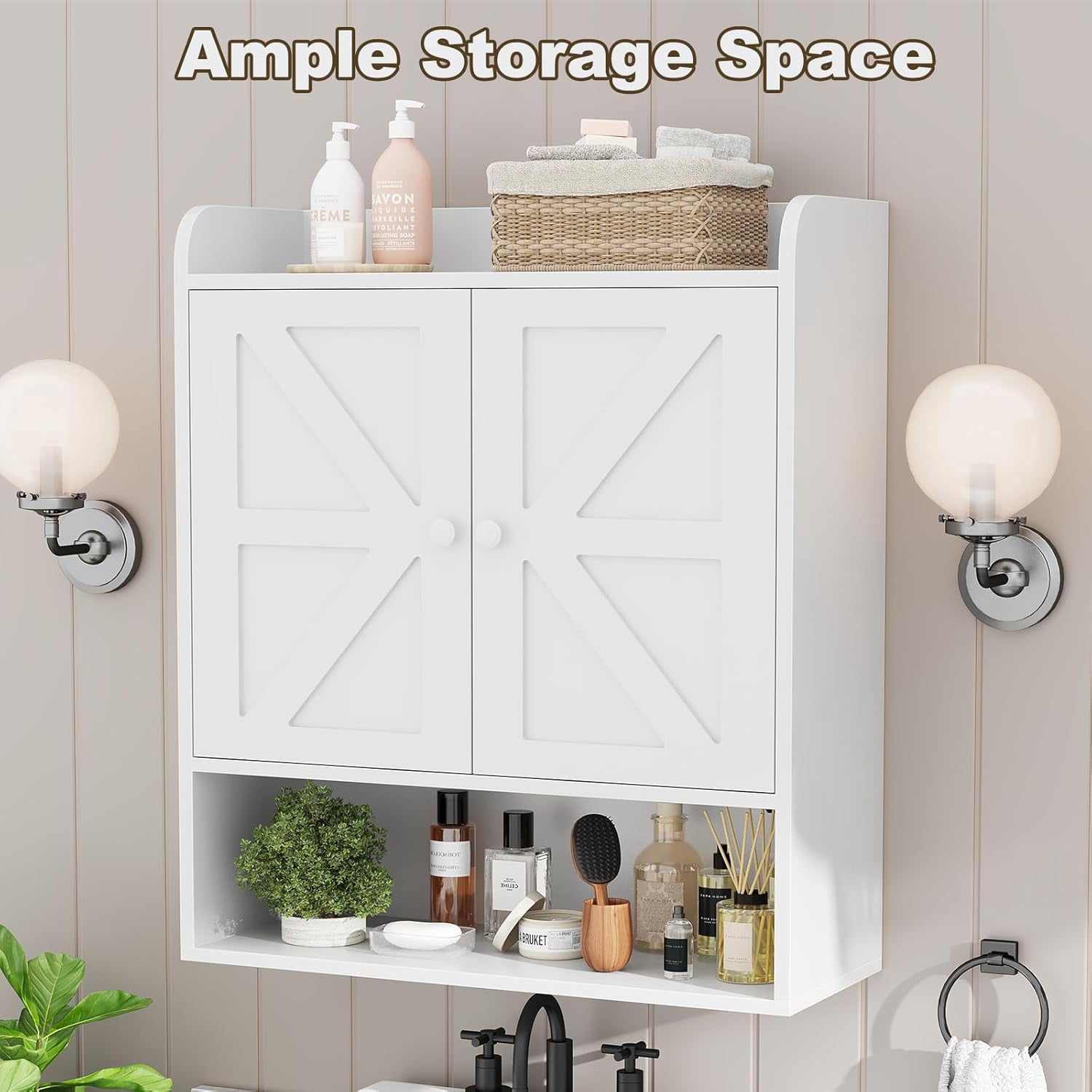 POAO Bathroom Wall Storage Cabinet, Wooden Medicine Cabinet with Adjustable Shelves and Double Barn Doors, Over The Toilet Storage Cabinet,White