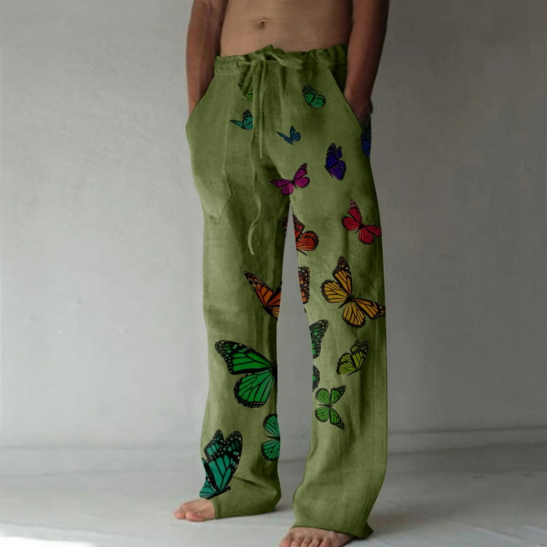 Unique Butterfly Printed Pants for Men Cotton Linen Wide Leg