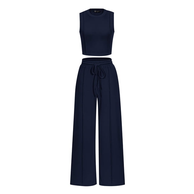 Conjunto de Ropa Casual PRETTYGARDEN Top Corto Azul Marino Pantalón Palazzo Talle L