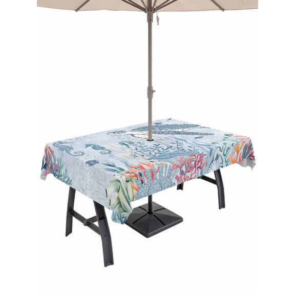 Outdoor Tablecloth with Umbrella Hole for Patio/Picnic/Party/Camping, Blue Coastal Turtle Waterproof Table Cloth Rectangle Table Cover Washable, Beach Nautical Ocean Coral Seahorse (60"x 120")