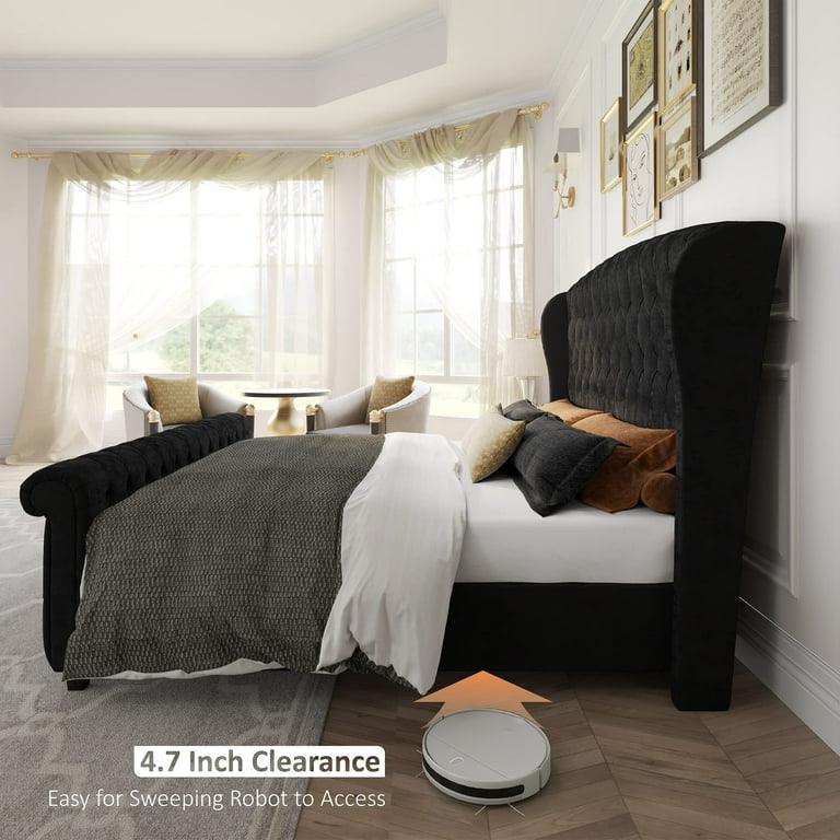 VANACC Queen Size Platform Bed Frame Velvet Upholstered Sleigh Bed with Scroll Wingback Headboard Footboard Button Tufted No Box Spring