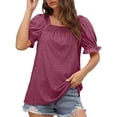 thumbnail image 2 of Camiseta de manga soplada para mujer, color puro, suelta, suave, agradable a la piel, blusa de manga corta de moda para trabajo de oficina al aire libre, 2 of 6