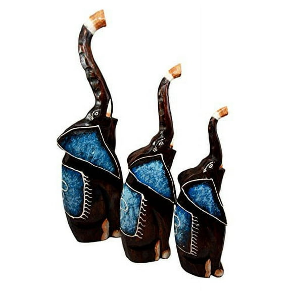 Balikraft Hand Made Wood Artisans "Gajah Rimba" Large Javanese Abstract Blue Elephant Desktop Figurine Set 20.5"H
