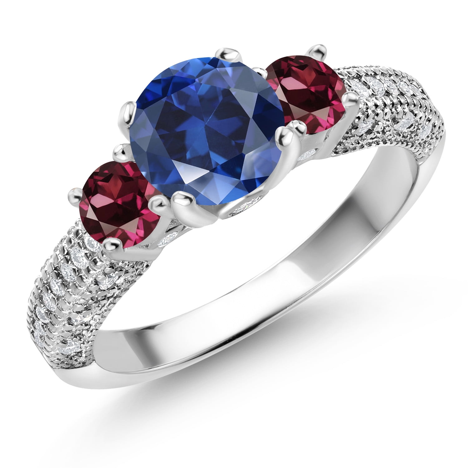 Gem Stone King 925 Sterling Silver Blue Created Sapphire Red Rhodolite Garnet and White Moissanite Engagement Ring for Women (2.42 Cttw, Gemstone September Birthstone, Round 7MM and 4MM, Size 5)