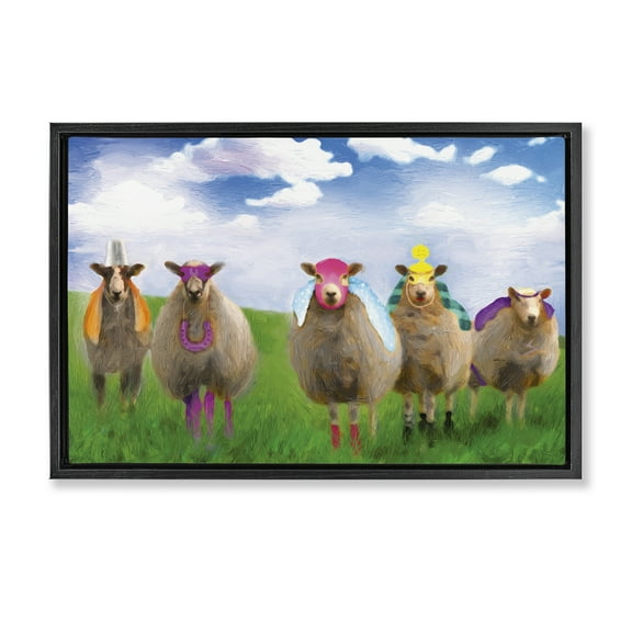 Stupell Industries Superhero Sheep in Field Animals & Insects Painting Black Floater Framed Canvas Art Print Wall Art, 25 x 17