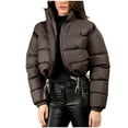 thumbnail image 2 of Women's Cropped Puffer Jackets Trendy Zip Up Jackets Warm Stand Collar Down Coat with Drawstring Hem Wine S, 2 of 7