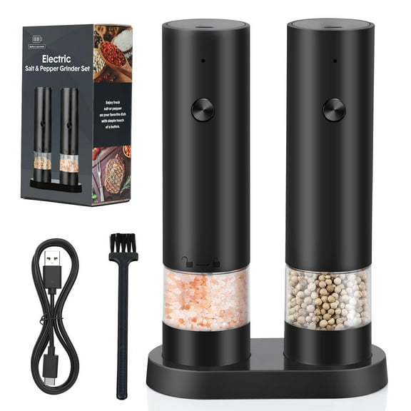 Electric Salt and Pepper Grinder Set, Rechargeable Automatic Mill with 4 Coarseness Settings, One-Hand Operation, USB-C Charging Base, 2 Pack