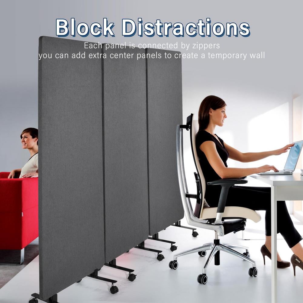 3 Panel Soundproof Room Divider, 76 x 66 Inch Portable Acoustic Partition with Wheels for Office Privacy and Classroom Noise Control (Dark Gray)