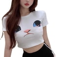 thumbnail image 2 of Femmes Slim Cropped Top Manches Courtes Col Rond Mignon Chat Motif Serré Ajustement Lait Soie Été Top Blanc L, 2 of 8