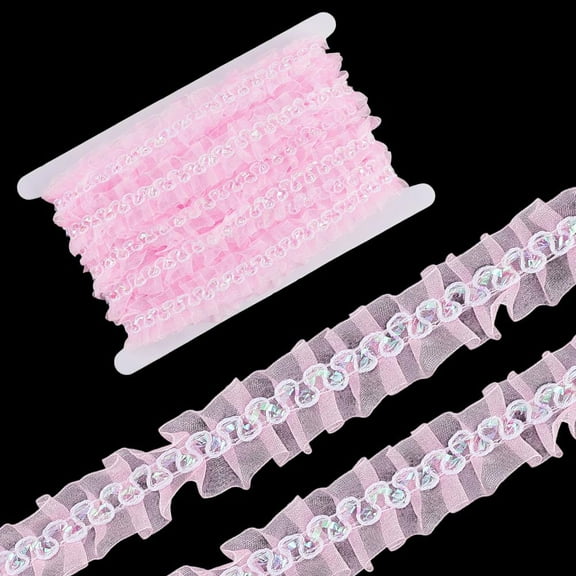 10M 1 Inch Pink Sequin Organza Sheer Trim Pleated Lace Ruffle Tulle Wrinkle Edge Gathered Mesh Sparkle Trimming Ribbon for Sewing Making Dress Skirt Wedding Home Decor DIY Crafts Supplies