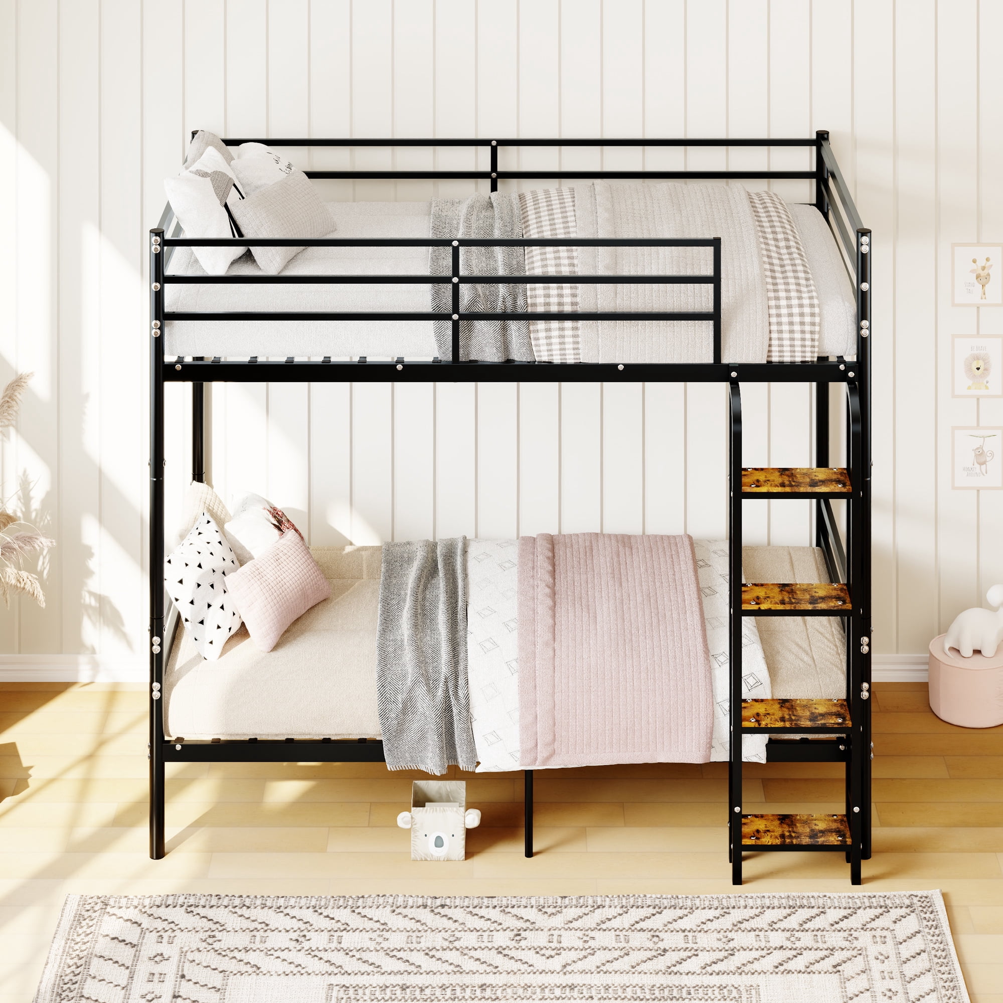 Leumius Metal Bunk Bed, Twin Over Twin Bunk Beds, Twin Size Bunk Bed with Safety Guardrail and Ladder, Twin Bunk Beds, No Box Spring Needed, Noise Free for Apartment, BedroomBlack