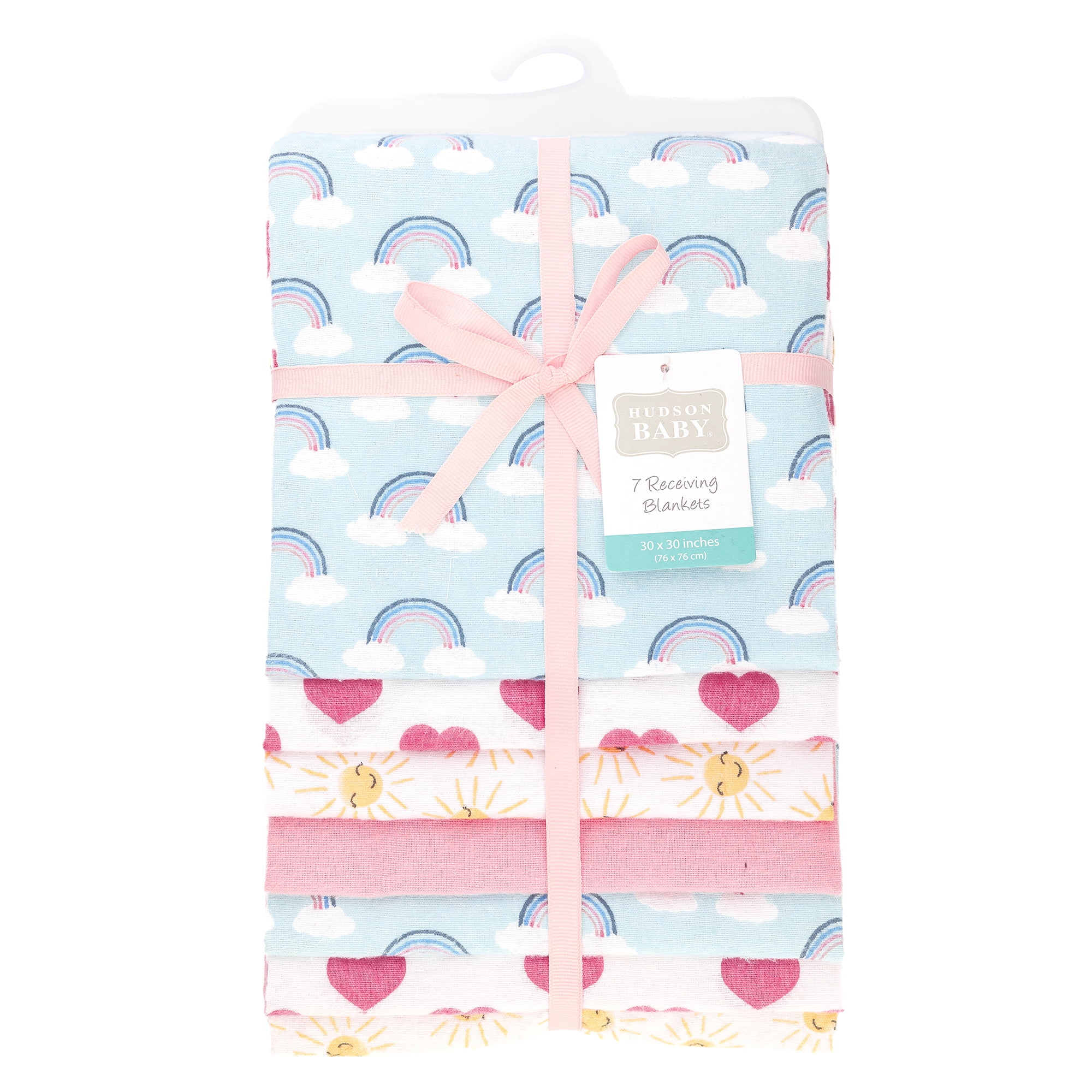 Hudson Baby Girl Cotton Polyester Flannel Receiving Blankets 7-Pack Bundle, Cloudy Rainbow, One Size